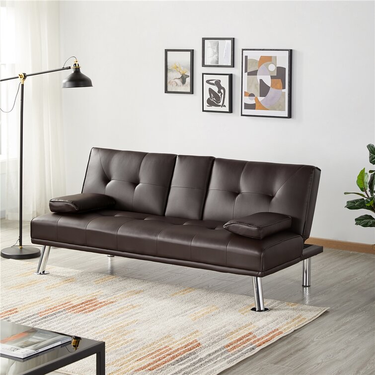 Janni 66''' Wide Faux Leather Cushion Back Convertible Sofa with Cup Holder