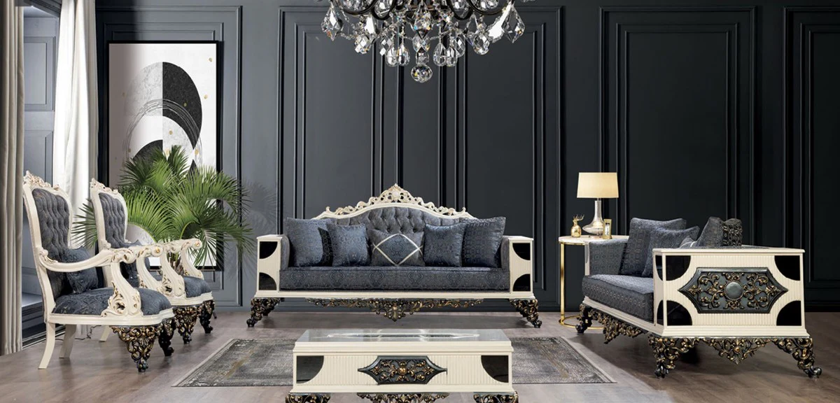 Luxus Barock Wohnzimmer Set Blau / Weiß / Bronze / Gold - 2 Barock Sofas & 2 Barock Sessel & 1 Barock Couchtisch - Luxus Wohnzimmer Möbel im Barockstil - Barock Möbel