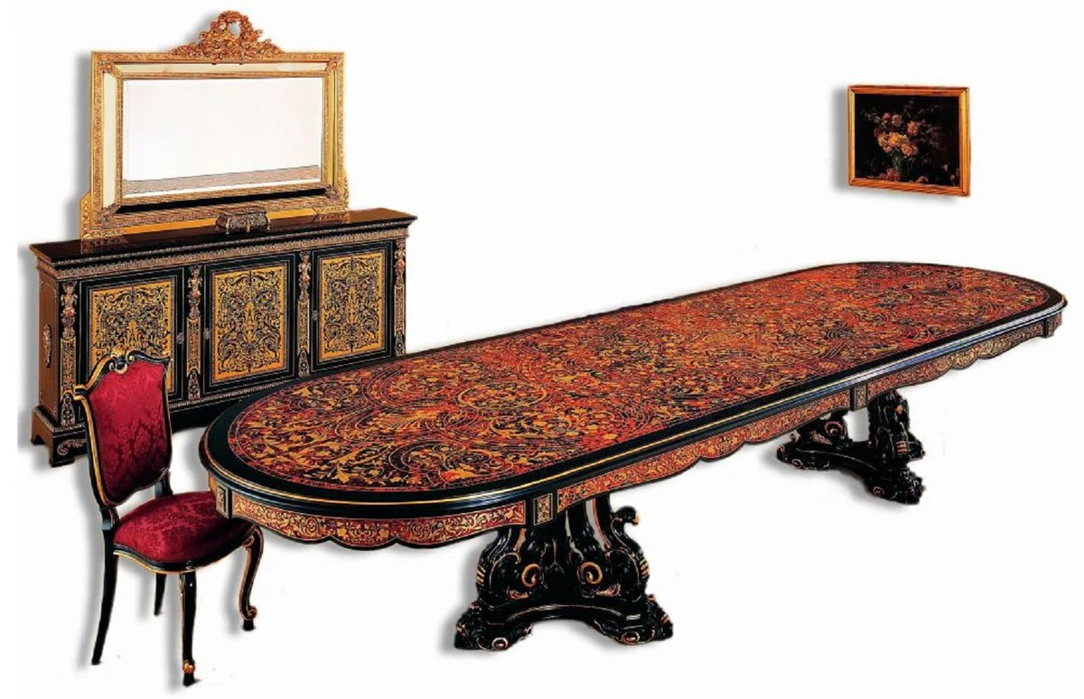 Luxury Baroque Boulle dining table black / red / gold 400 x 130 x H. 80 cm - Handcrafted solid wood dining room table - Baroque dining room furniture - Noble & magnificent