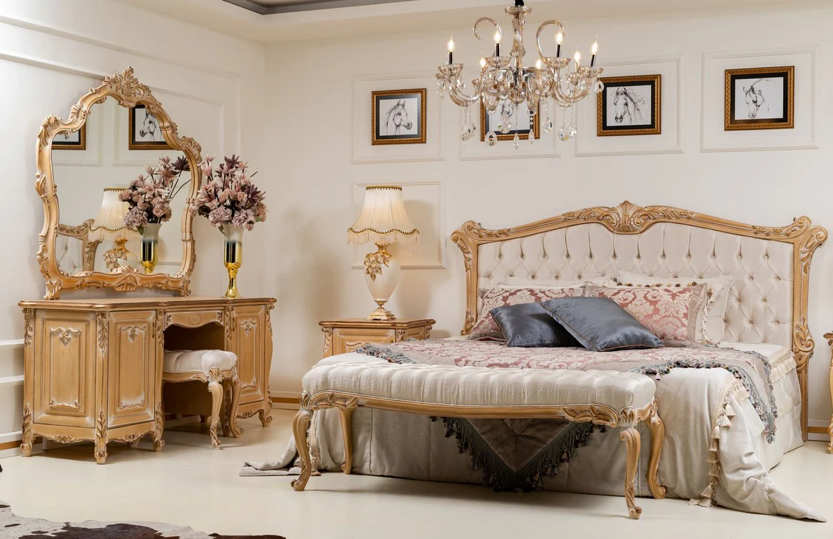 Luxury baroque bedroom set cream / gold - 1 double bed with headboard & 2 bedside tables - bedroom furniture in baroque style - noble and magnificent