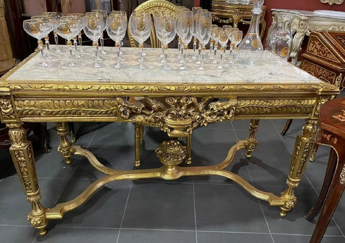 Baroque dining table gold / white - Rectangular solid wood dining room table with marble top - Dining room furniture in baroque style - Baroque furniture - Noble & magnificent