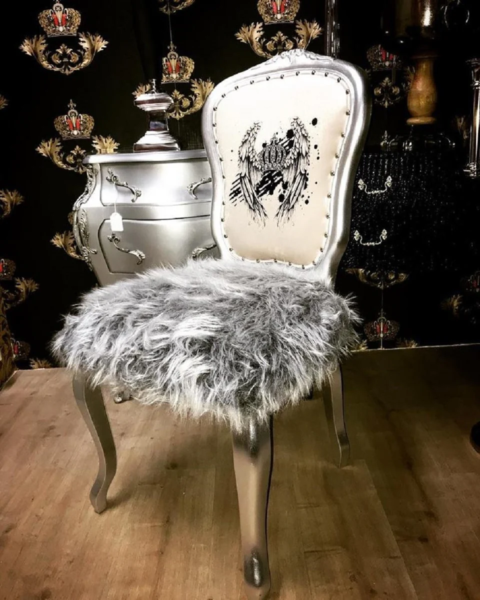 Pompöös by Luxury Baroque Dining Room Chairs Crown White / Gray / Silver - Pompöös Baroque Chairs designed by Harald Glööckler - 4 dining room chairs with faux fur