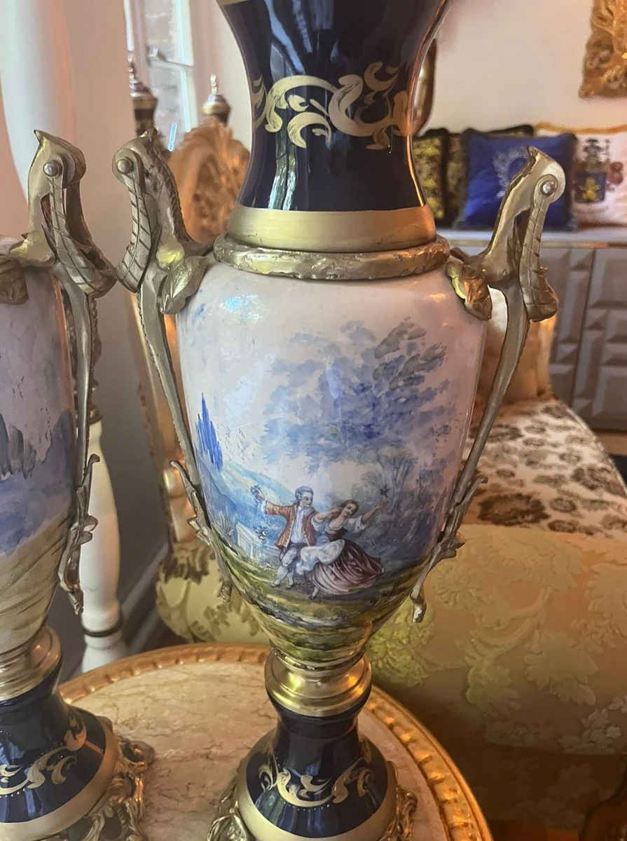 Barock Deko Keramik Vasen Set Blau / Bunt / Messing H. 65 cm - Barock Interior