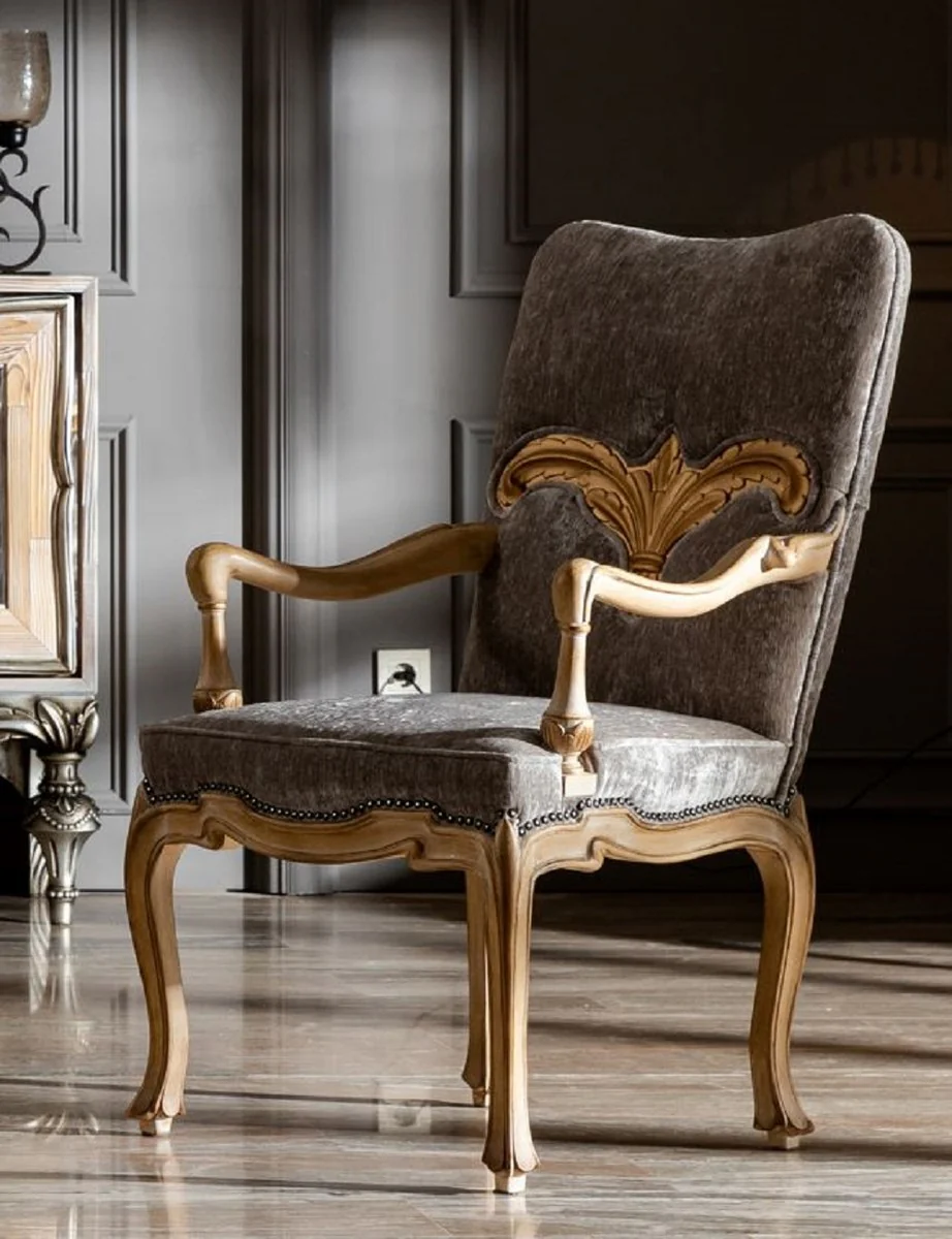 Luxury baroque dining room chair with armrests gray / natural colors - magnificent solid wood chair in baroque style - baroque dining room furniture