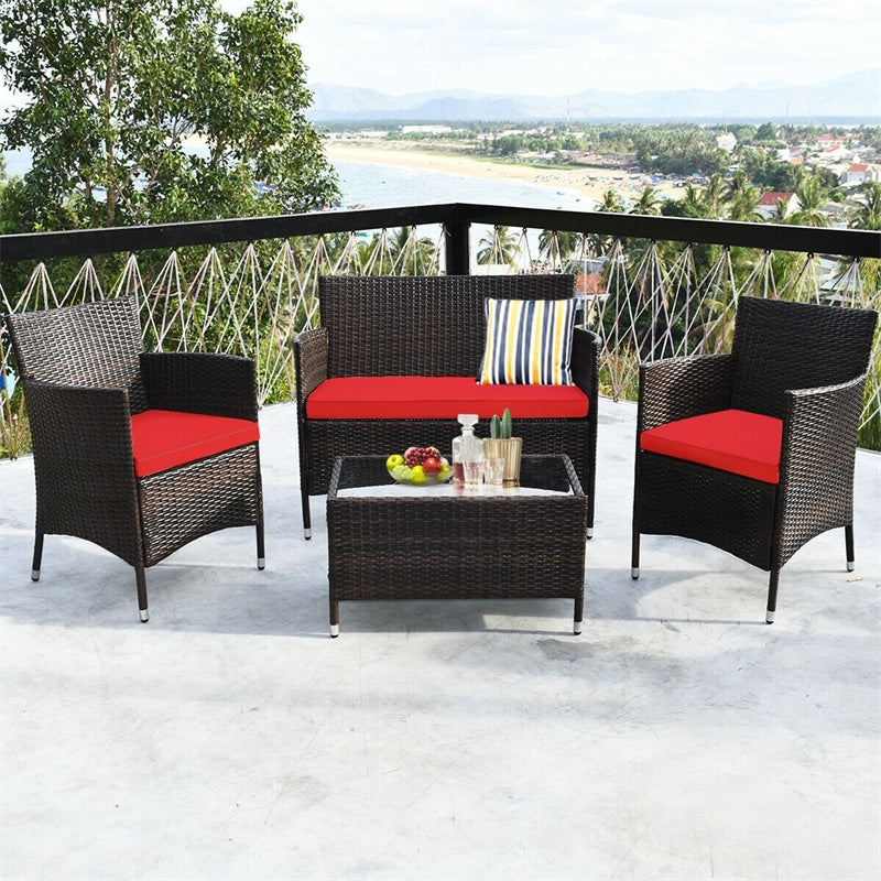 4 Pcs Outdoor Rattan Patio Conversation Set Wicker Furniture Set with Coffee Table and Cushion Sofas