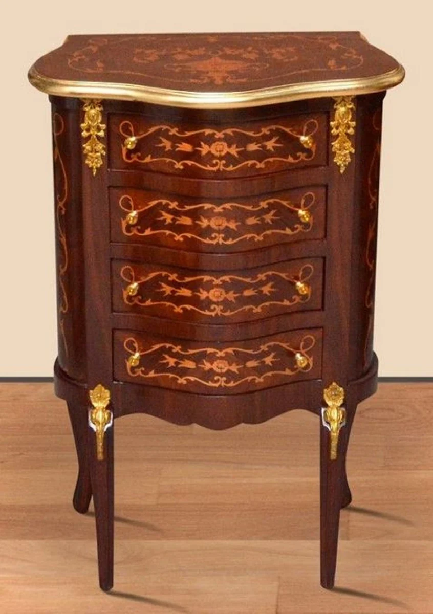Baroque night dresser dark brown inlaid / gold - handmade solid wood chest of drawers in baroque style - antique style bedside table - side table with 4 drawers - baroque furniture