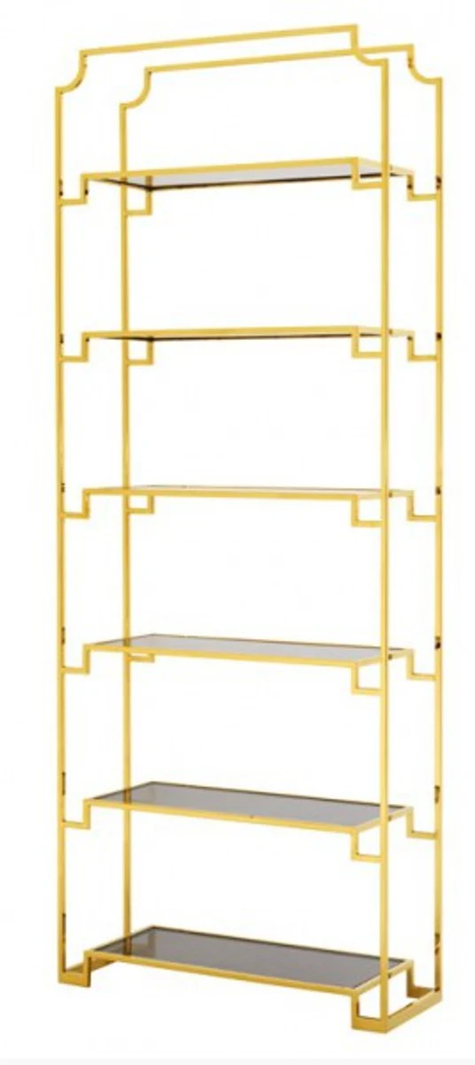 Luxury shelf cabinet stainless steel gold with smoked glass W 90 x H 230 cm bookcase shelf cabinet - Art Deco furniture