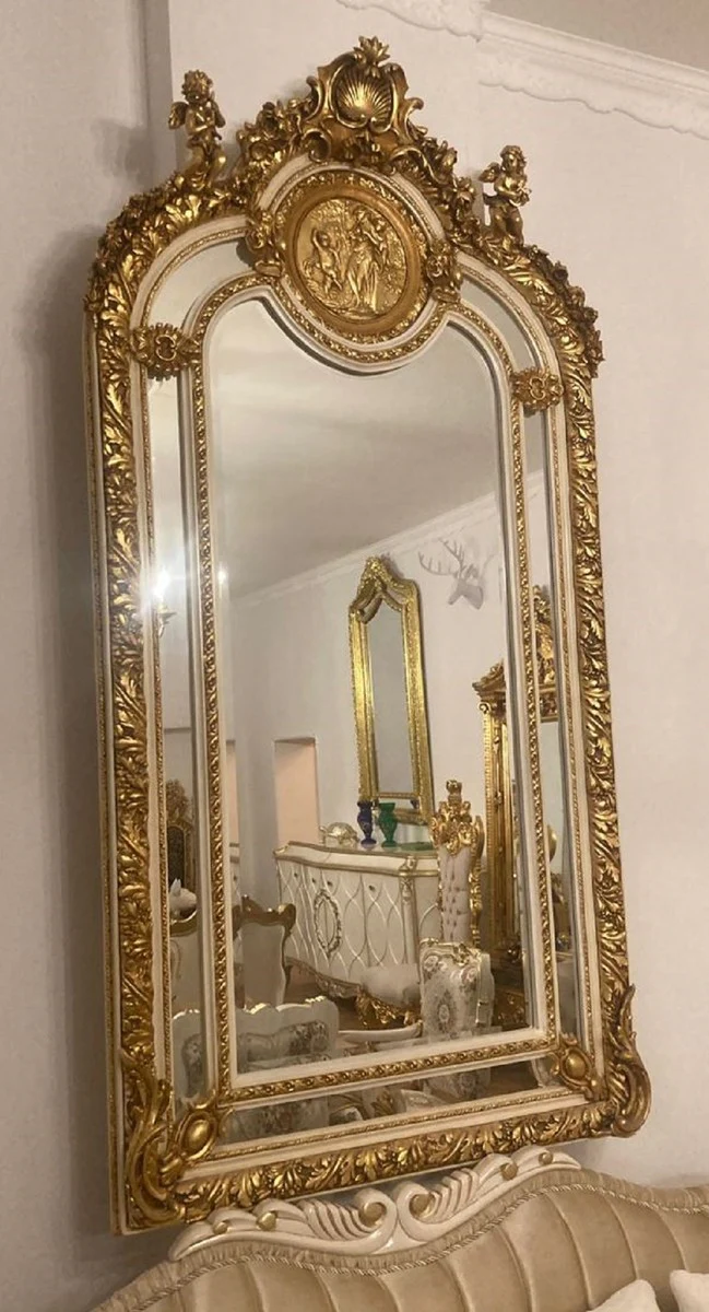Baroque mirror gold / cream white - handmade baroque style wall mirror with elegant decorations and decorative angel figures - baroque furniture - noble and magnificent