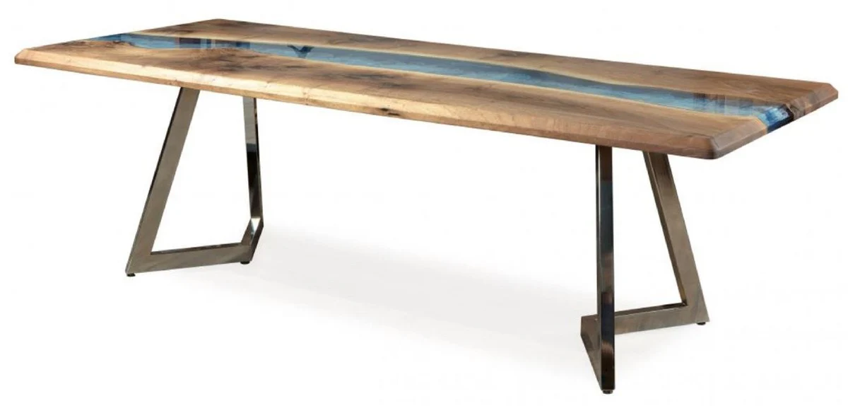 Luxury dining table brown / blue / silver 250 x 100 x H. 76 cm - Rectangular kitchen table with epoxy resin - Dining room furniture - Epoxy resin furniture - Luxury furniture