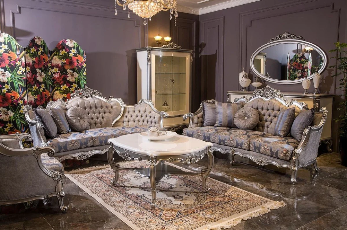 Luxus Barock Wohnzimmer Set Grau / Blau / Silber - 2 Barock Sofas & 2 Barock Sessel & 1 Barock Couchtisch - Wohnzimmer Möbel im Barockstil - Barock Möbel - Barock Einrichtung