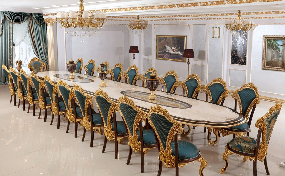 Luxury Baroque Dining Room Set White / Brown / Blue / Gold - 1 Baroque Dining Table & 22 Baroque Dining Chairs - Hotel Furniture - Castle Furniture - Palace Furniture - Luxury Furniture in Baroque Style