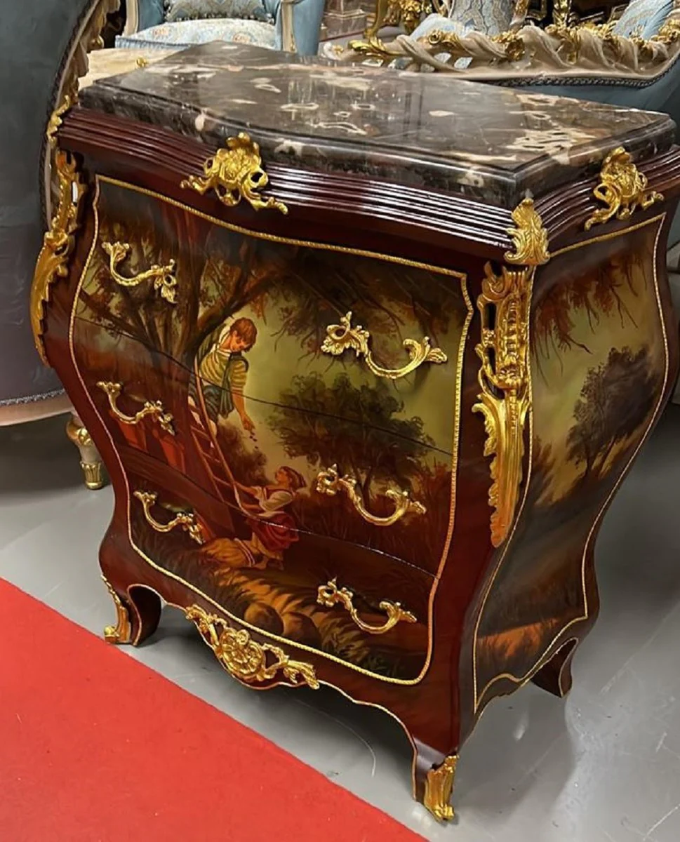 Baroque chest of drawers brown / gold / multicolored / black - handmade solid wood chest of drawers with 3 drawers and marble top - baroque furniture