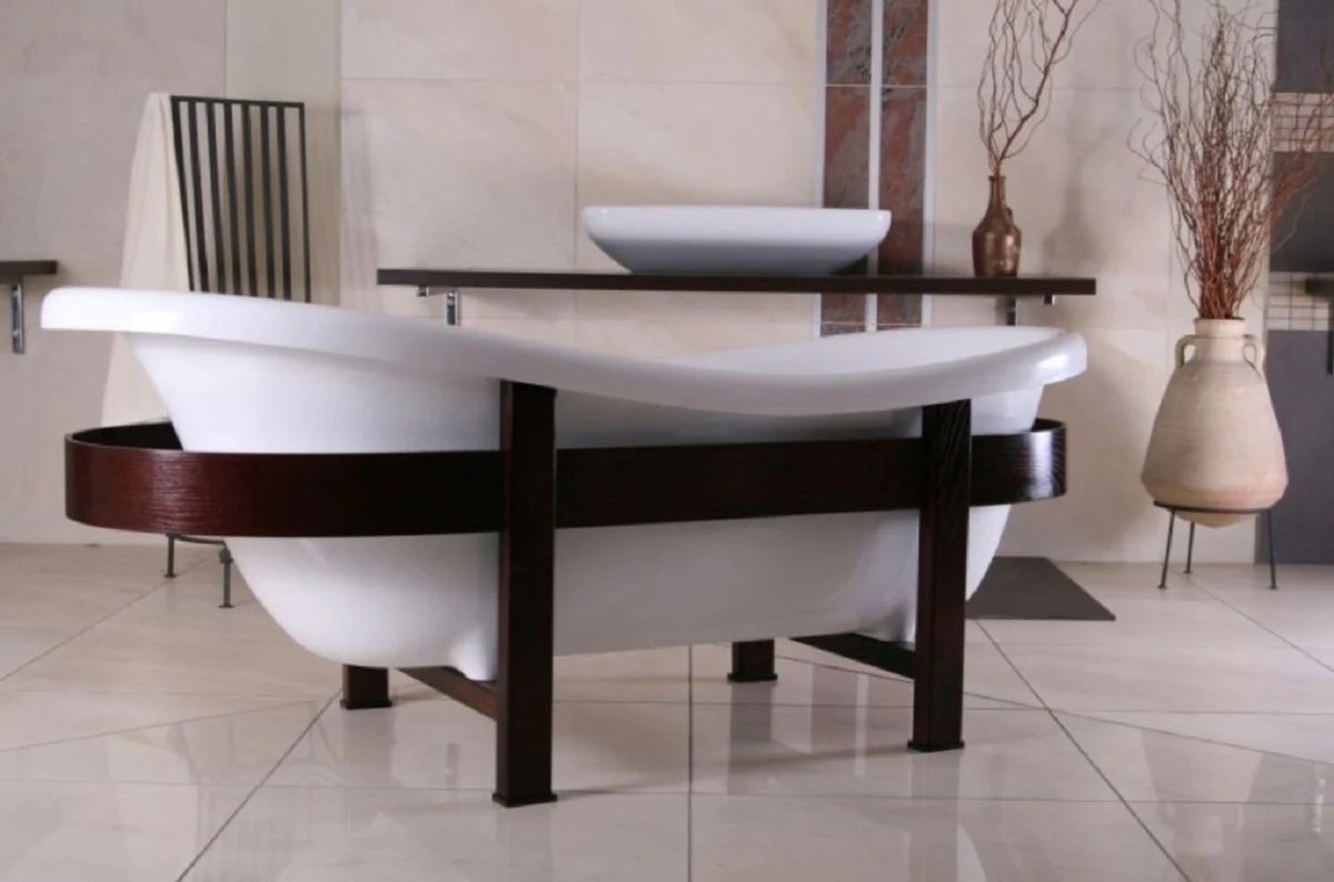 Luxury retro bathtub white / dark brown 178 x 76 x H. 73 cm - Freestanding bathtub with wooden frame - Retro bathroom furniture