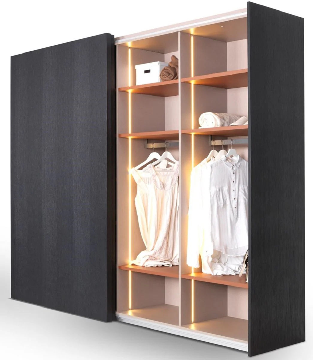 Luxury bedroom wardrobe black 260 x 70 x H. 228 cm - Illuminated solid wood wardrobe with 2 sliding doors - Bedroom furniture - Hotel furniture - Luxury furniture