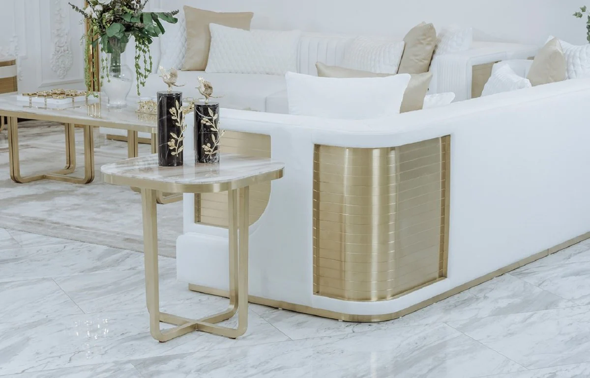 Luxus Sofa Weiß / Gold 290 x 98 x H. 72 cm - Wohnzimmer Sofa - Hotel Sofa - Wohnzimmer Möbel - Wohnzimmer Einrichtung - Hotel Möbel - Luxus Möbel - Luxus Einrichtung