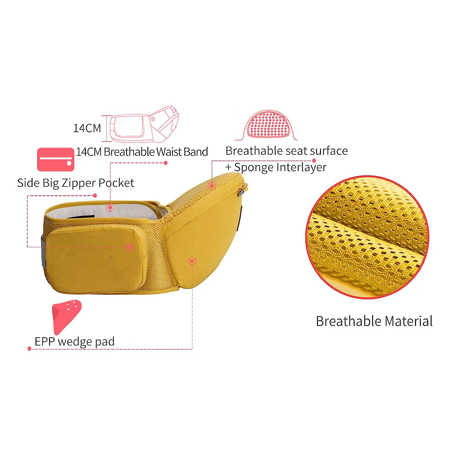 Babytrage für Neugeborene bis Kleinkinder, Baby-Hüfttrage mit Kopfhaube, Taillenverlängerung und 3 Beißpolstern (grau)