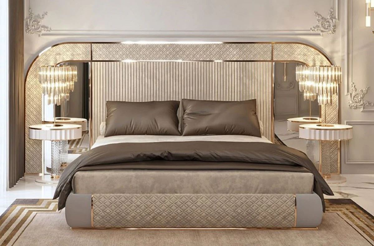Luxury Art Deco double bed gray / gold 350 x 209.5 x H. 140 cm - Elegant solid wood bed with mirrored headboard - Luxury bedroom furniture - Hotel furniture - Art Deco furniture