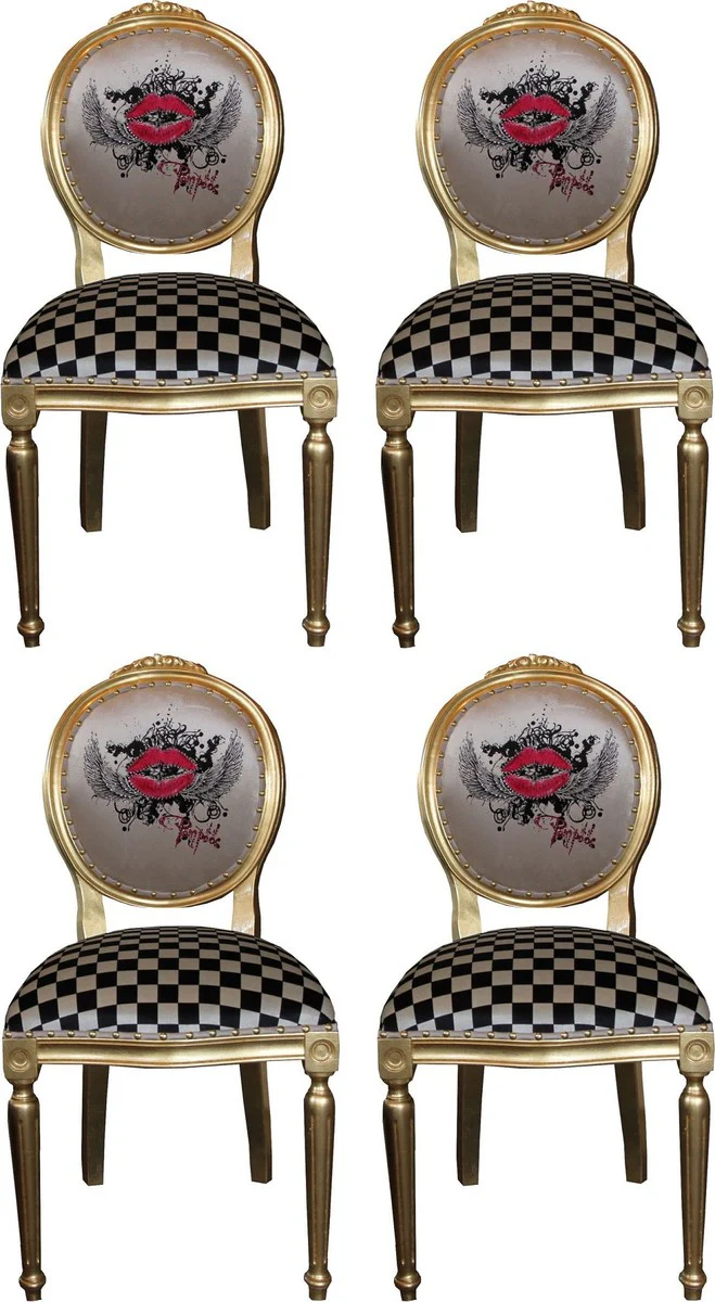 Pompöös by Luxury Baroque Dining Room Chairs Red Lips Cream / Checkered / Gold - Pompöös Baroque Chairs designed by Harald Glööckler - 4 dining room chairs