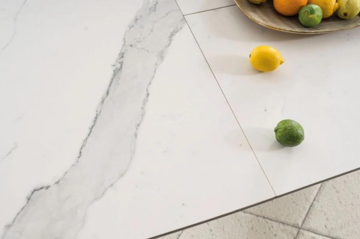 Luxury dining table white / black / silver 160-220 x 90 x H. 76 cm - Extendable kitchen table with marble look table top - Luxury dining room furniture