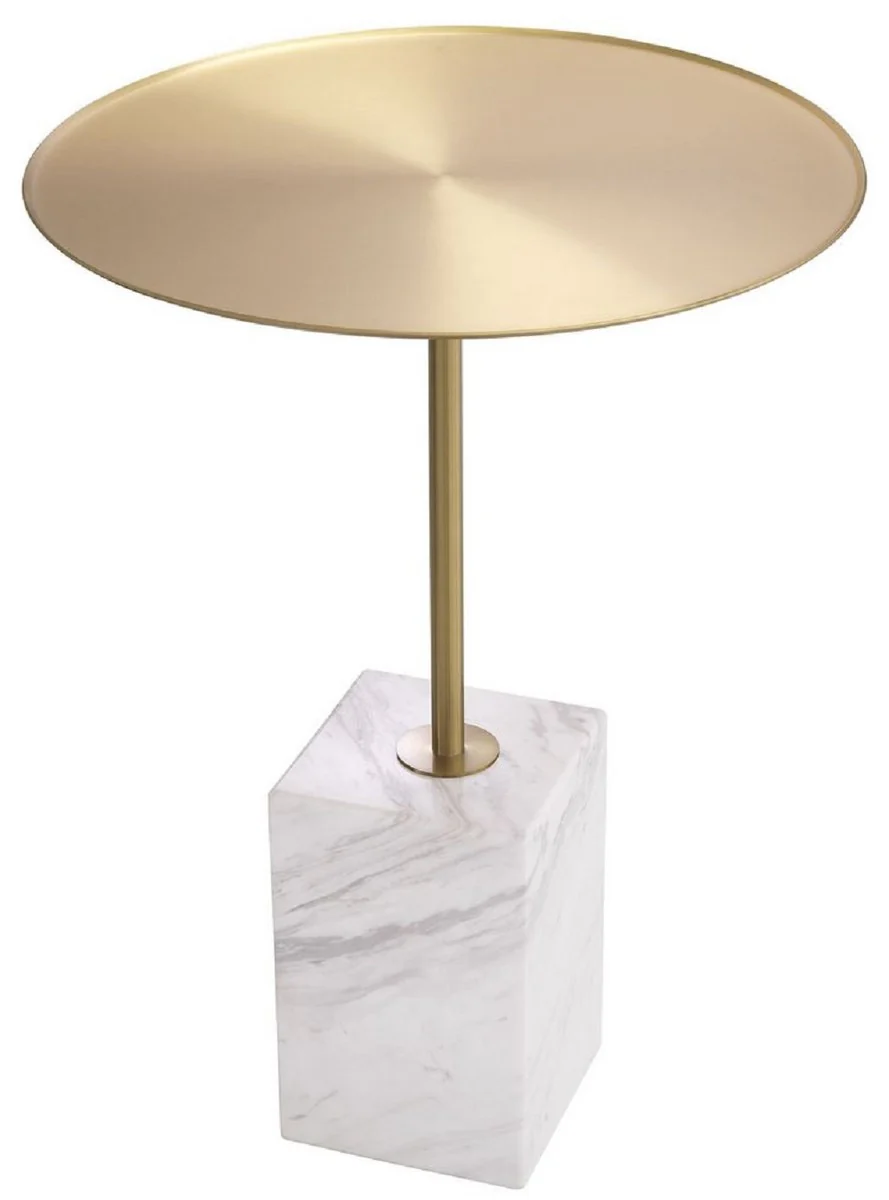 Luxury side table brass colored / white-gray Ø 45 x H. 62 cm - Round stainless steel table with marble base - Living room furniture - Hotel furniture - Luxury furniture