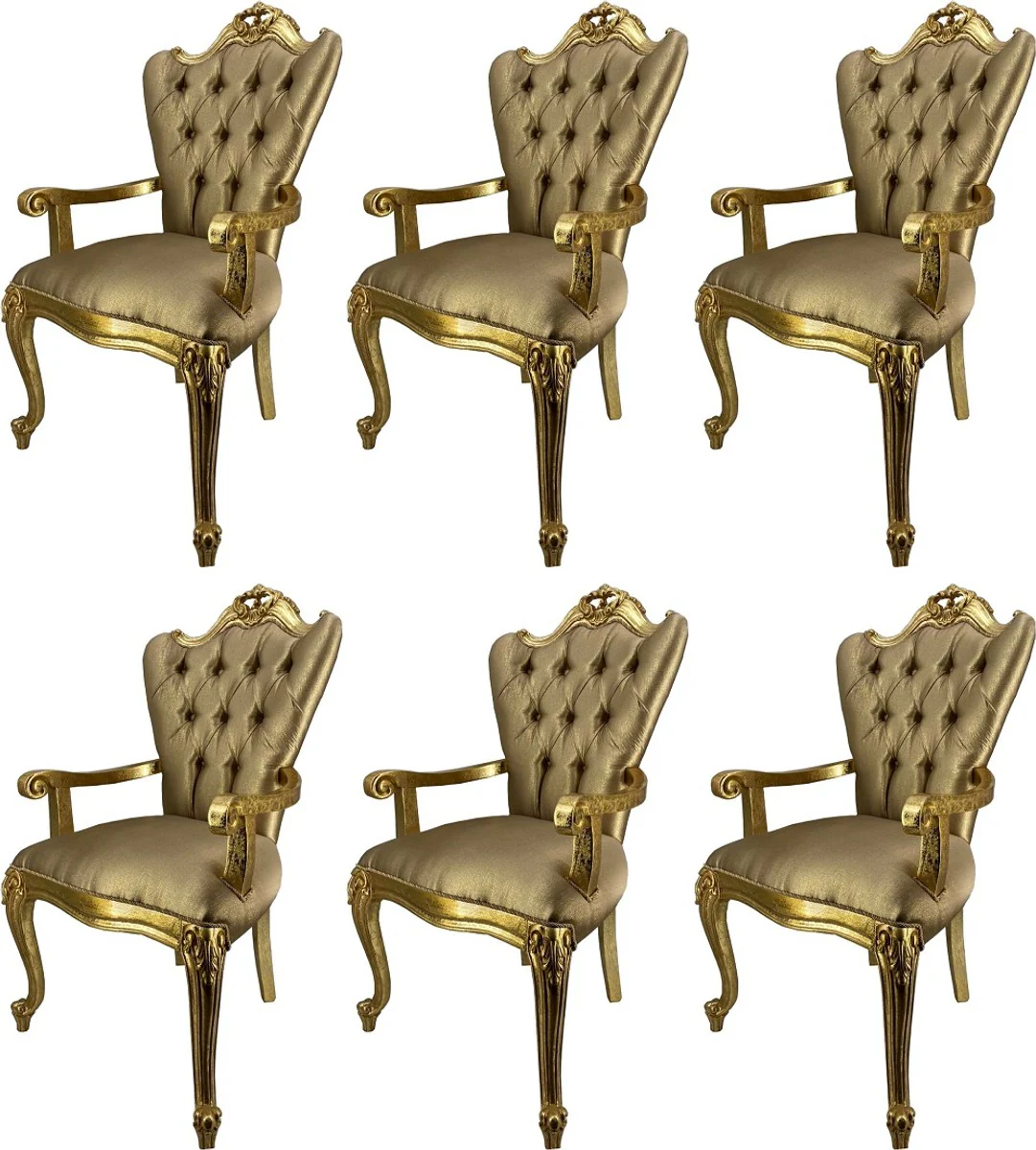 Luxury Baroque Dining Room Chair Set Gold / Gold - 6 Kitchen Chairs with Armrests - Baroque Dining Room Furniture - Noble & Magnificent