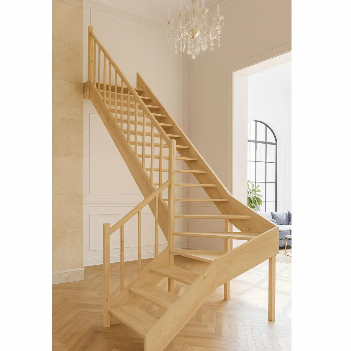 Luxury corner wooden staircase with railing left side natural color H. 304 cm