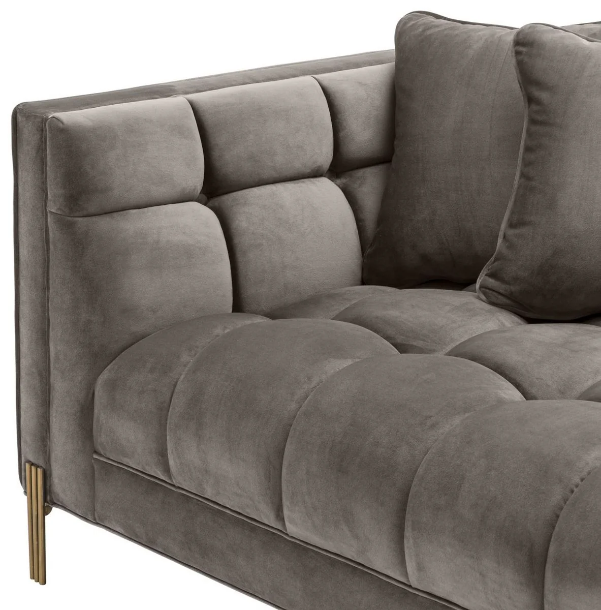 Luxury lounge sofa gray - greige / brass colored 223 x 95 x H. 68 cm - left-side living room sofa with elegant velvet fabric and 2 cushions