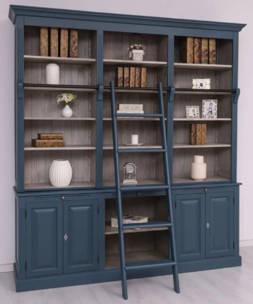 Country house style bookcase with ladder blue / gray 229 x 51 x H. 244 cm - solid wood cupboard - living room cupboard - shelf cupboard - office cupboard - country house style furniture