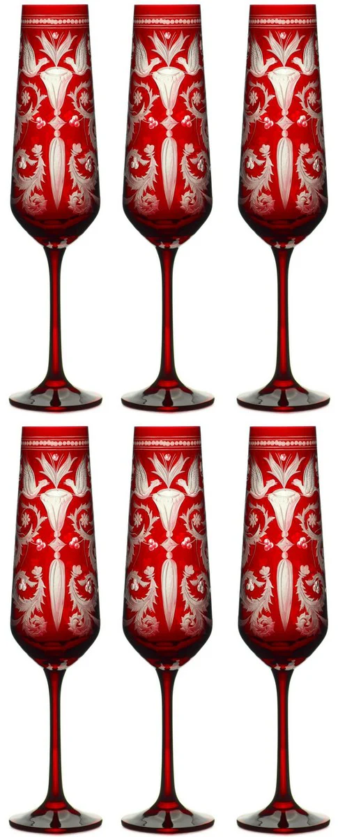 Luxury champagne glasses set of 6 red / silver Ø 6.5 x H. 26.5 cm - handmade and hand-engraved champagne glasses - hotel & restaurant accessories - luxury quality