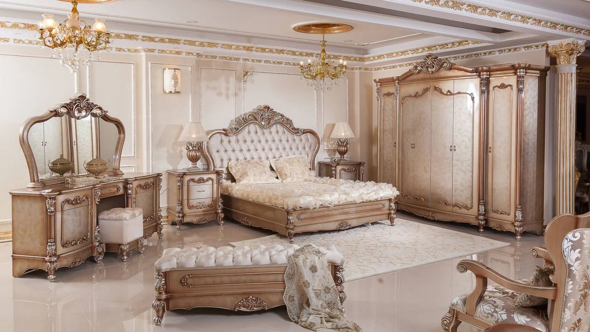 Luxury Baroque Bedroom Set Gray / Copper / Silver - 1 double bed with headboard & 2 nightstands - Baroque Bedroom Furniture - Luxury Furniture in Baroque Style - Noble & Magnificent