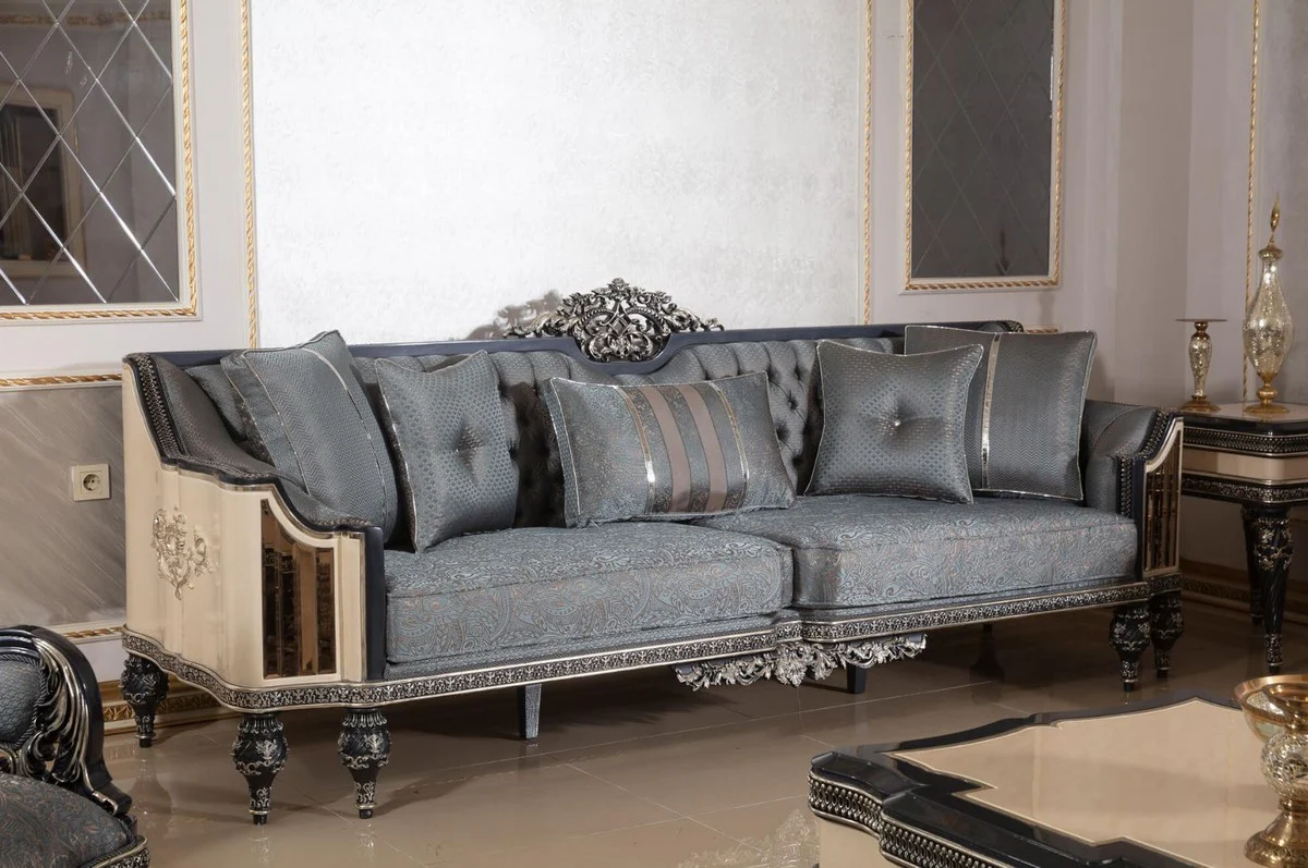 Luxus Barock Wohnzimmer Set Hellblau / Beige / Schwarz / Gold - 2 Sofas & 2 Sessel & 1 Couchtisch & 2 Beistelltische - Handgefertigte Wohnzimmer Möbel im Barockstil - Edel & Prunkvoll