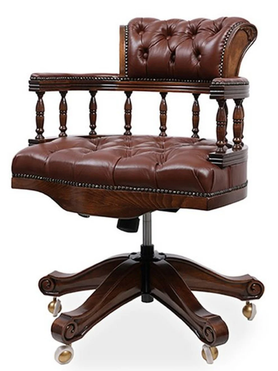Luxury Baroque Chesterfield Leather Desk Chair Dark Brown / Dark Brown - Height-adjustable Genuine Leather Office Chair - Office Furniture - Noble & Magnificent