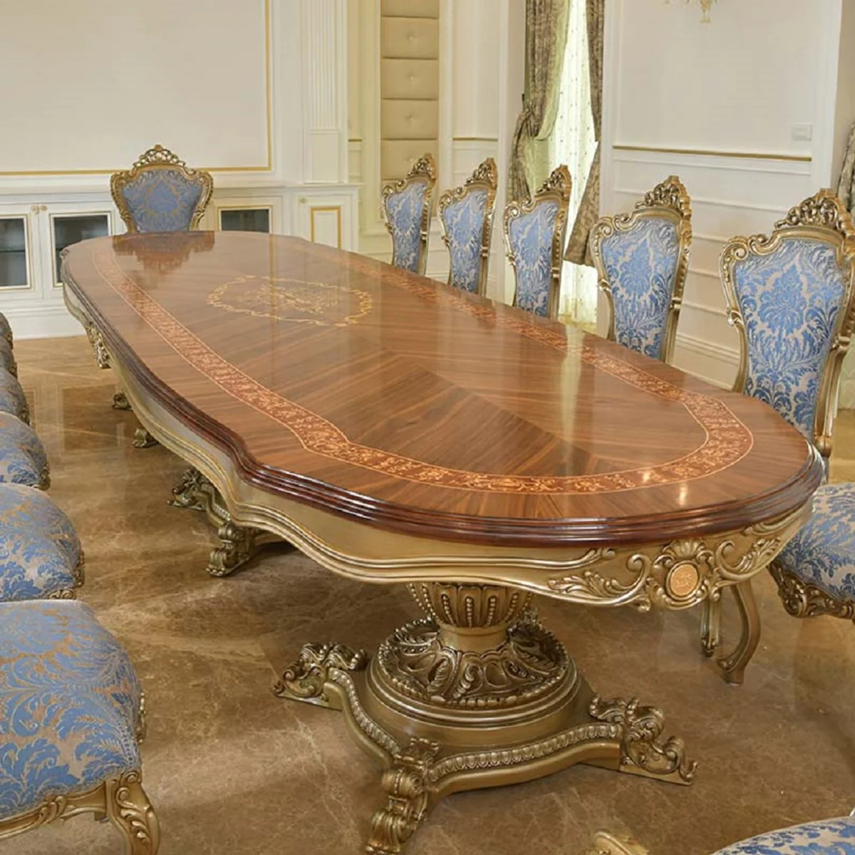 Luxury Baroque Dining Table Brown Intarsia / Gold 420 cm - Baroque Furniture - Made in Italy