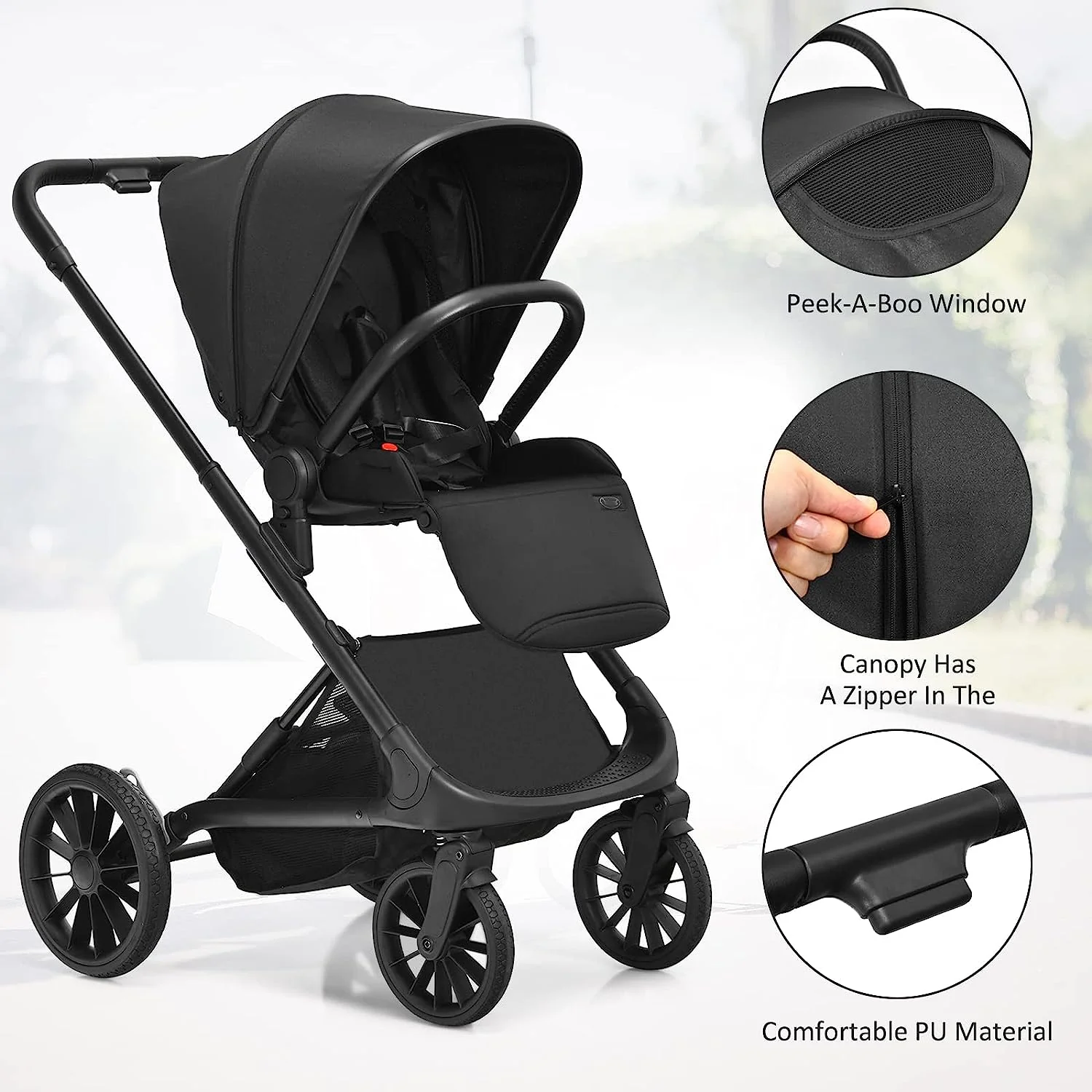 Kinderwagen, umkehrbarer Stubenwagen für Neugeborene, einhändig faltbarer, schnell zusammenklappbarer Kinderwagen mit Aluminiumrahmen, verstellbarem Verdeck, 5-Punkt-Sicherheitsgurt für Säuglinge und Kleinkinder (schwarz)