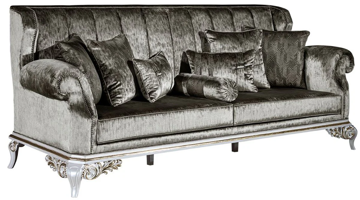 Luxus Barock Sofa Grün / Weiß / Gold 230 x 85 x H. 104 cm - Prunkvolles Wohnzimmer Sofa mit dekorativen Kissen - Edel & Prunkvoll