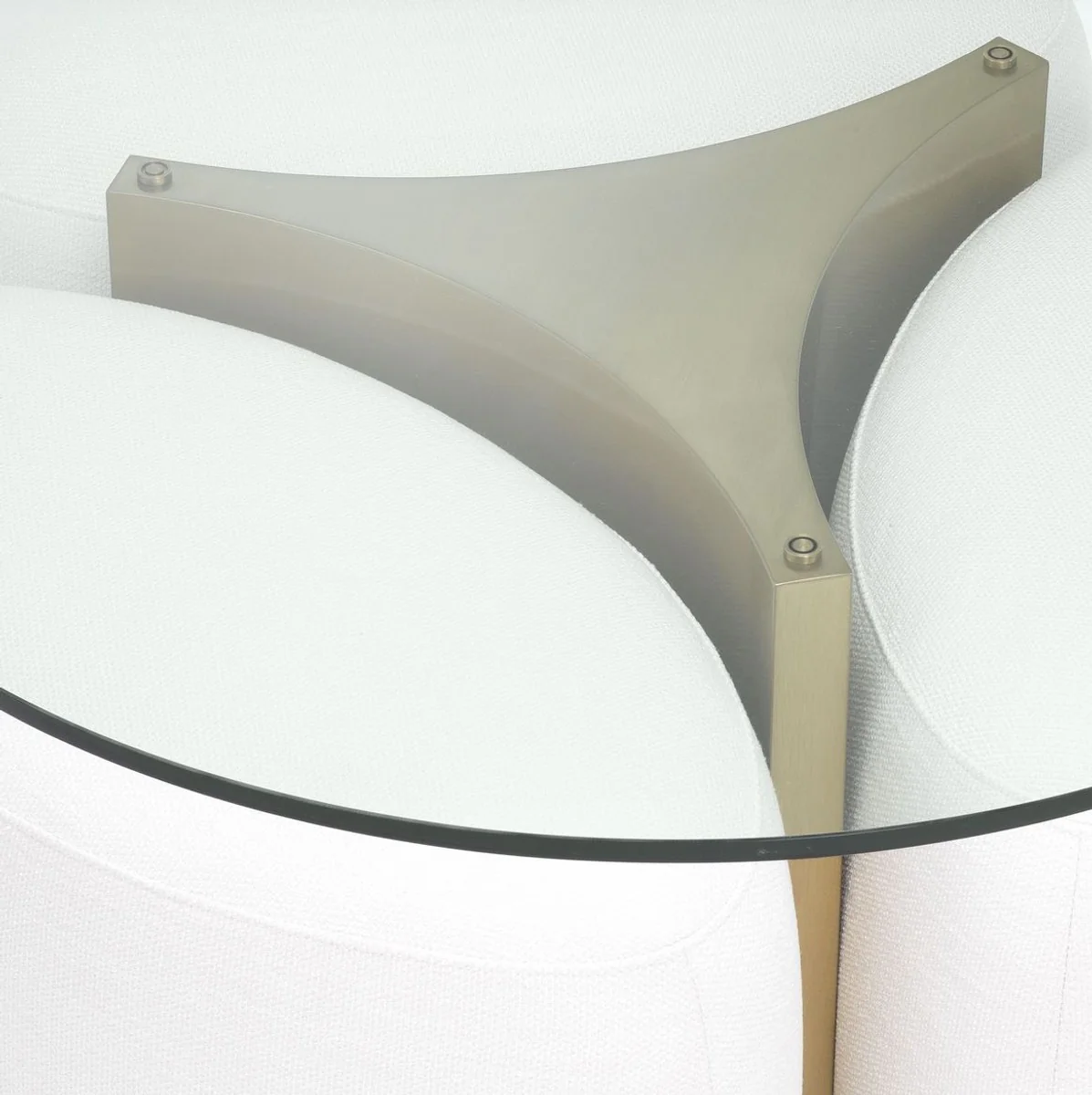 Luxury coffee table white / antique brass Ø 104 x H. 46.5 cm - Round stainless steel living room table with glass top and 3 elegant stools - Living room furniture - Luxury furniture