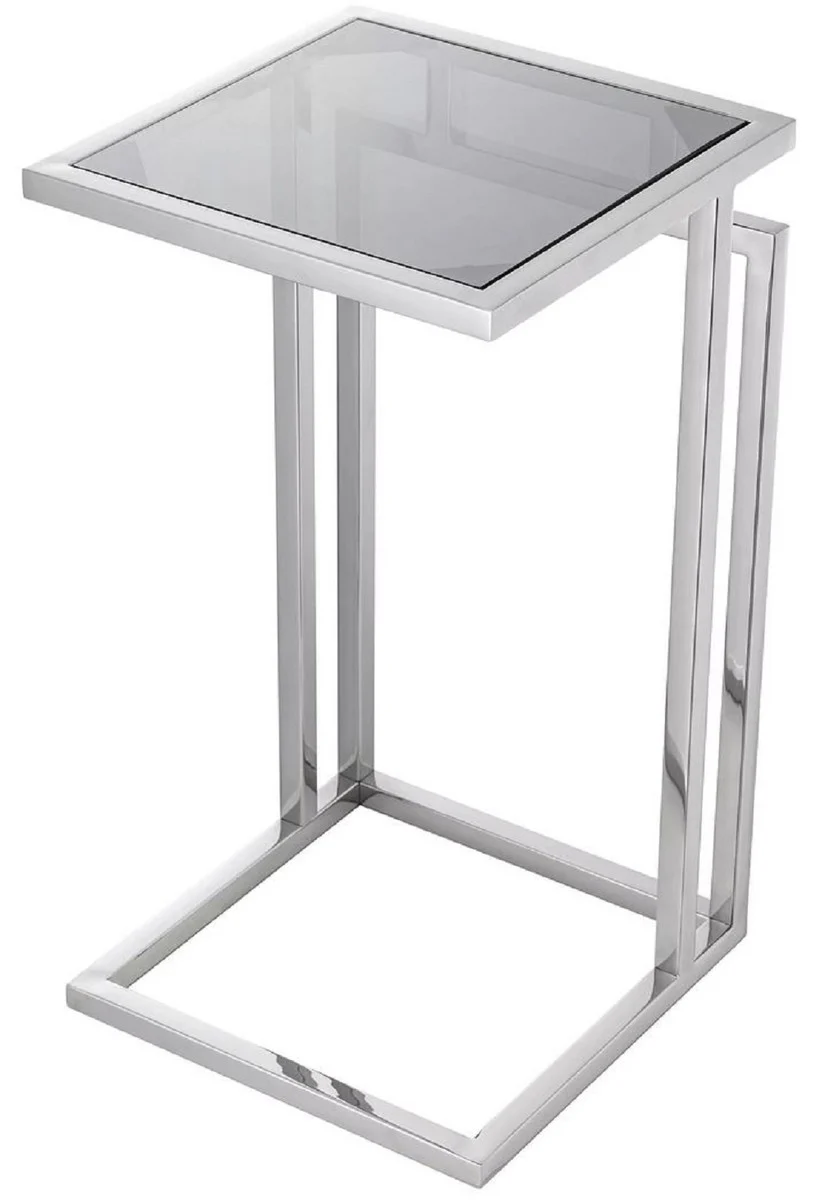 Luxury side table silver / gray 33 x 33 x H. 60 cm - stainless steel table with glass top - living room furniture - luxury furniture - luxury furnishings - luxury interior
