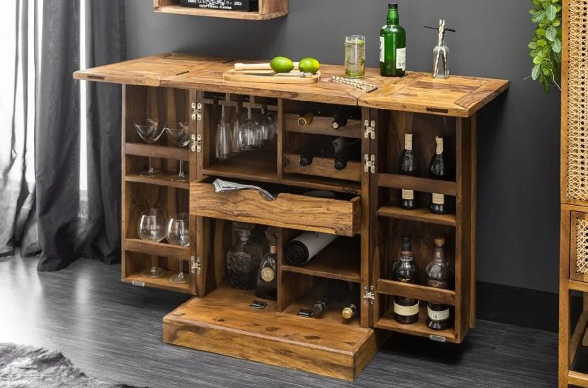 Designer bar cabinet natural colors / brown 65-130 x 50 x H. 90 cm - Modern solid wood wine cabinet with 2 doors and drawer - Bar furniture