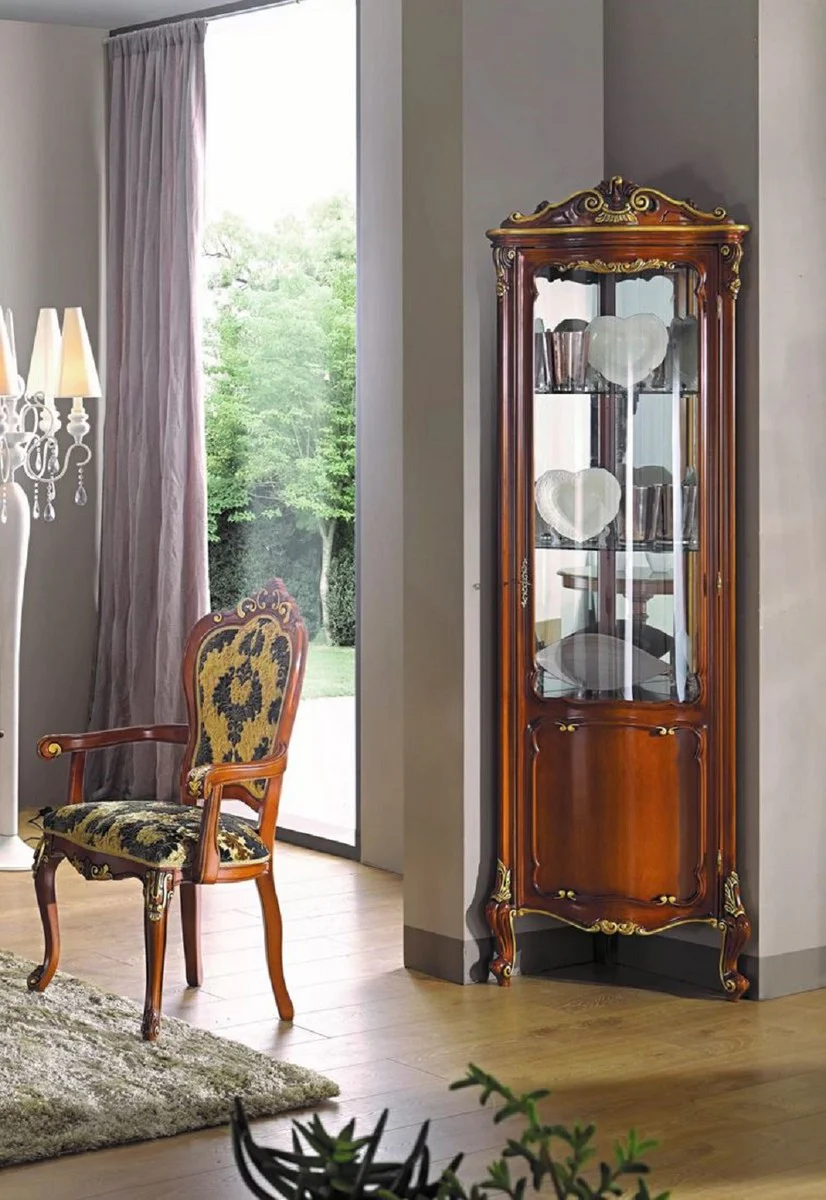 Luxury Baroque Corner Display Cabinet Brown / Gold - Handcrafted Solid Wood Corner Cabinet with Door - Noble Baroque Furniture - Luxury Quality - Made in Italy