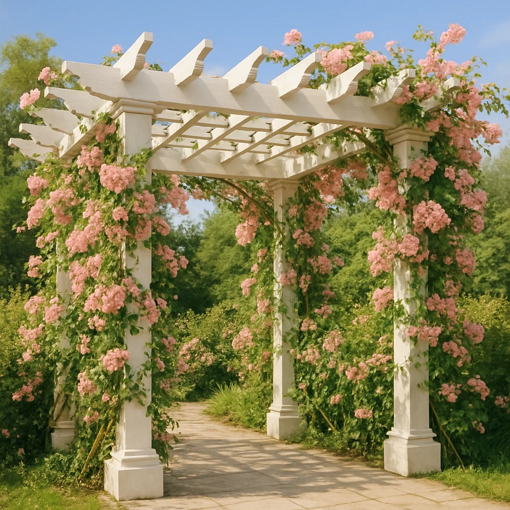 Gartenpergola aus Holz mit Blumen und weißem Rahmen – für den Außenbereich – 350 cm lang x 350 cm hoch x 350 cm tief (Kpparfu313po)