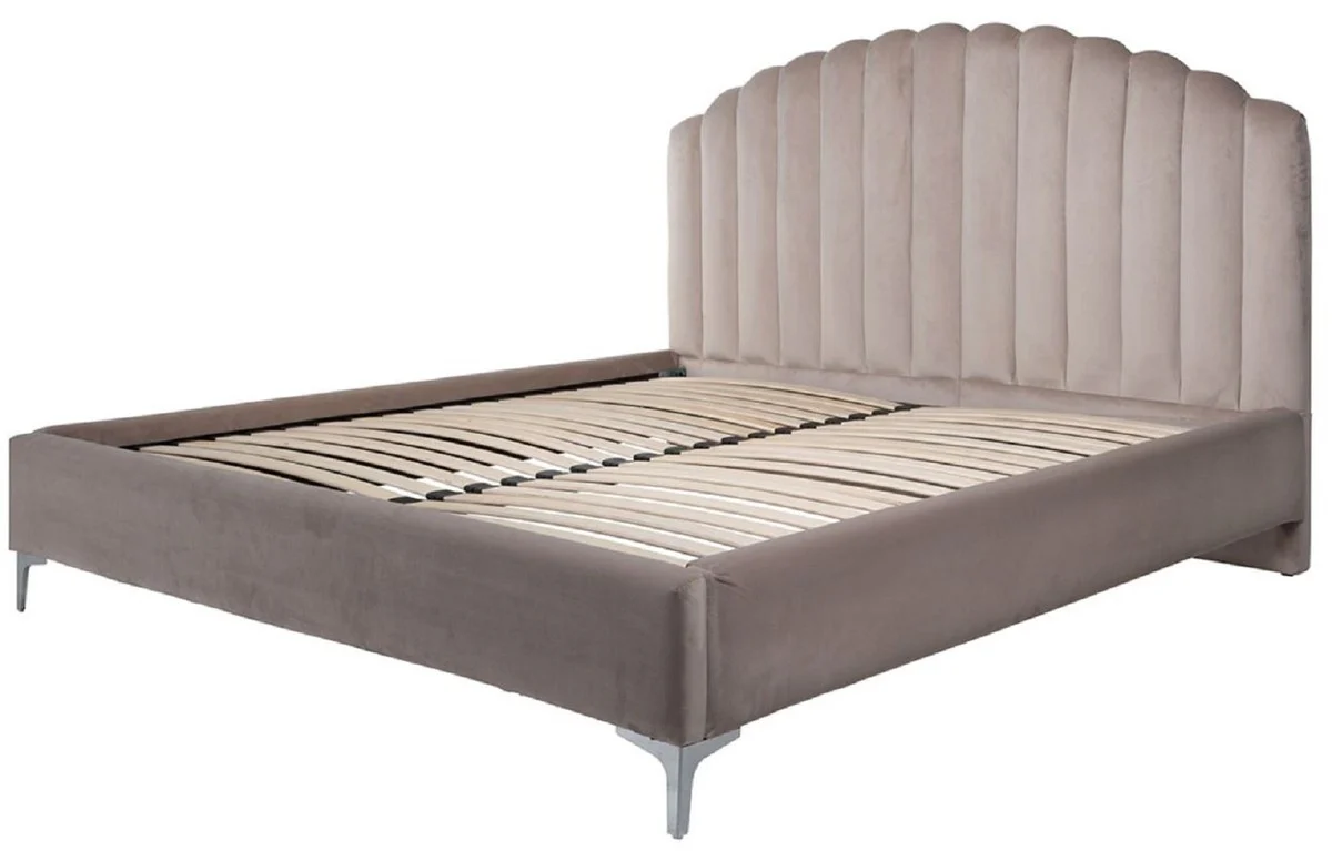 Luxury Art Deco double bed khaki / silver 195 x 218 x H. 130 cm - solid wood bed with elegant velvet fabric - luxury bedroom furniture - hotel furniture - Art Deco furniture