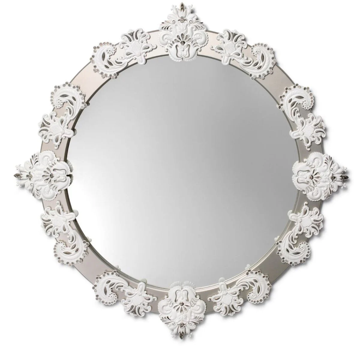 Designer wall mirror silver / white Ø 124 cm - luxury mirror with handmade porcelain decoration made from the finest Spanish porcelain