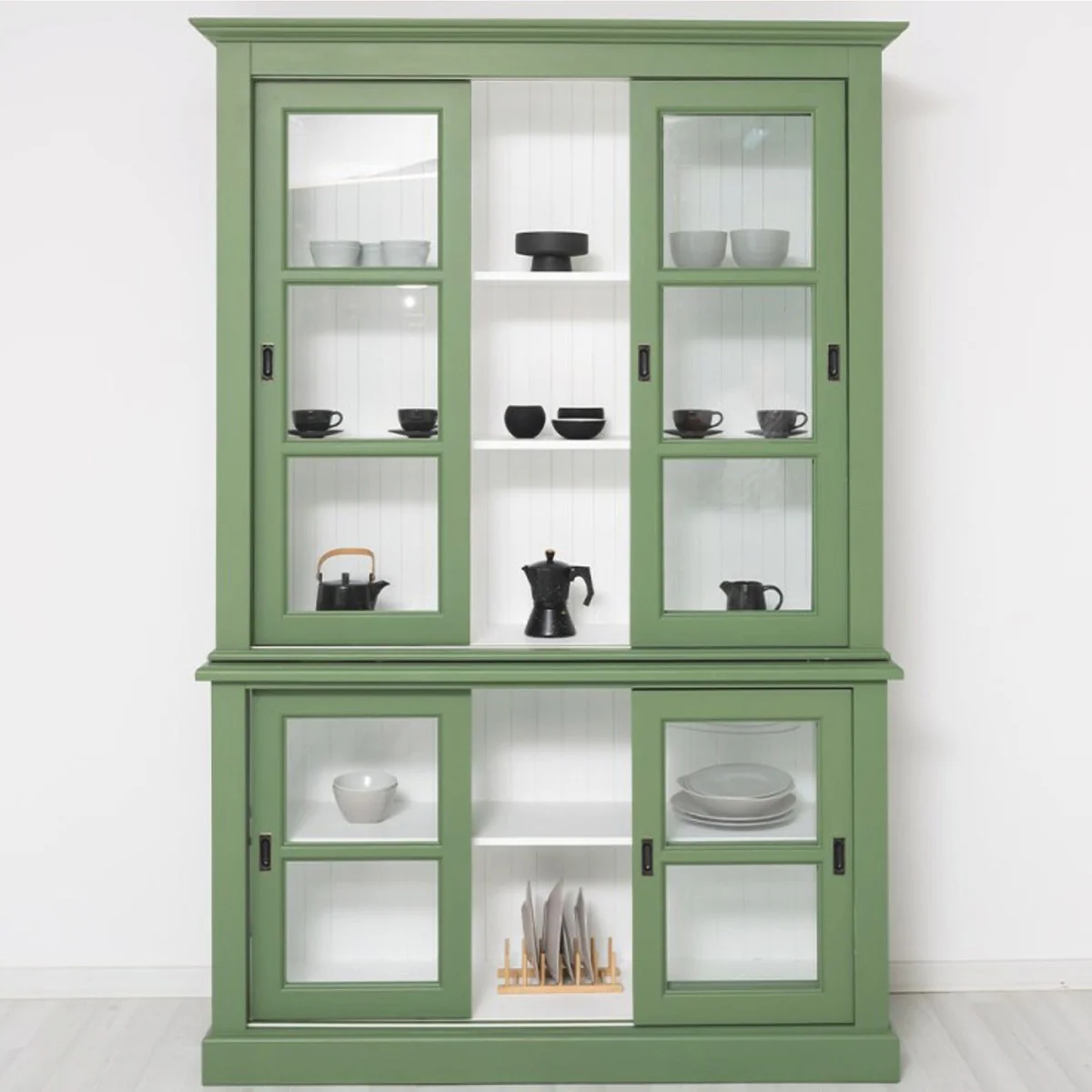 Country house style display cabinet with 6 sliding doors green / white 151 x 47 x H. 220 cm