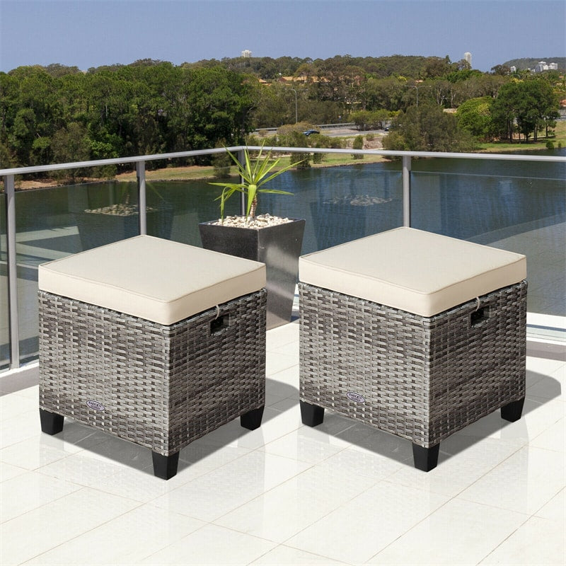 2 Stück Wicker Patio Ottomans Outdoor Rattan Fußwerkzeuge mit abnehmbaren Kissen
