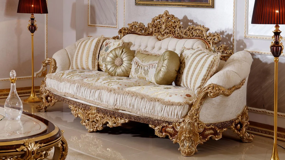 Luxury Baroque Sofa White / Multicolored / Brown / Gold - Magnificent Living Room Sofa with Elegant Pattern - Baroque Living Room & Hotel Furniture - Noble & Magnificent
