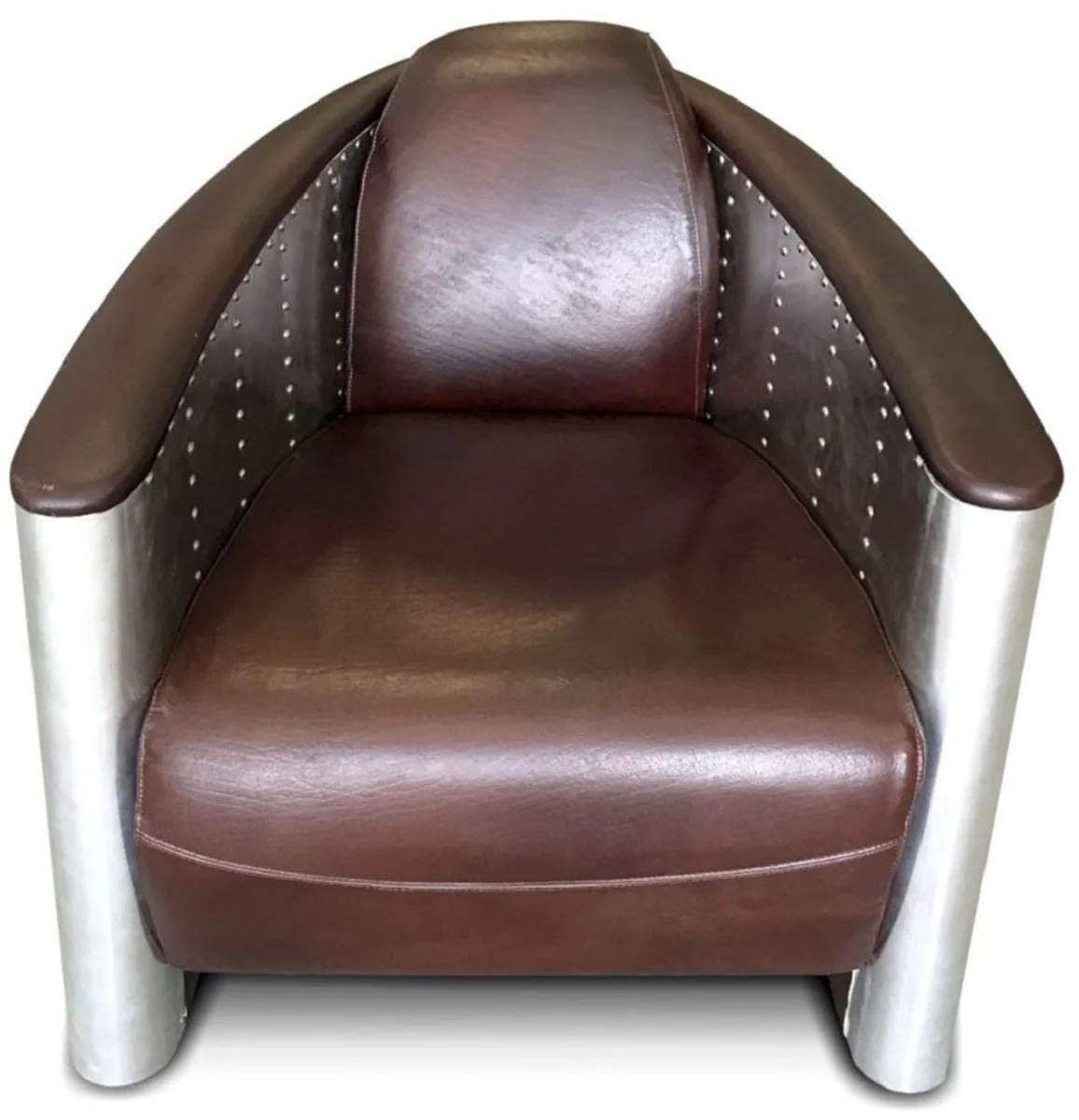 Luxury Art Deco leather armchair 80 x 95 x H. 90 cm - Various colors - Aluminum living room armchair with real leather - Aluminum airplane aviator armchair furniture