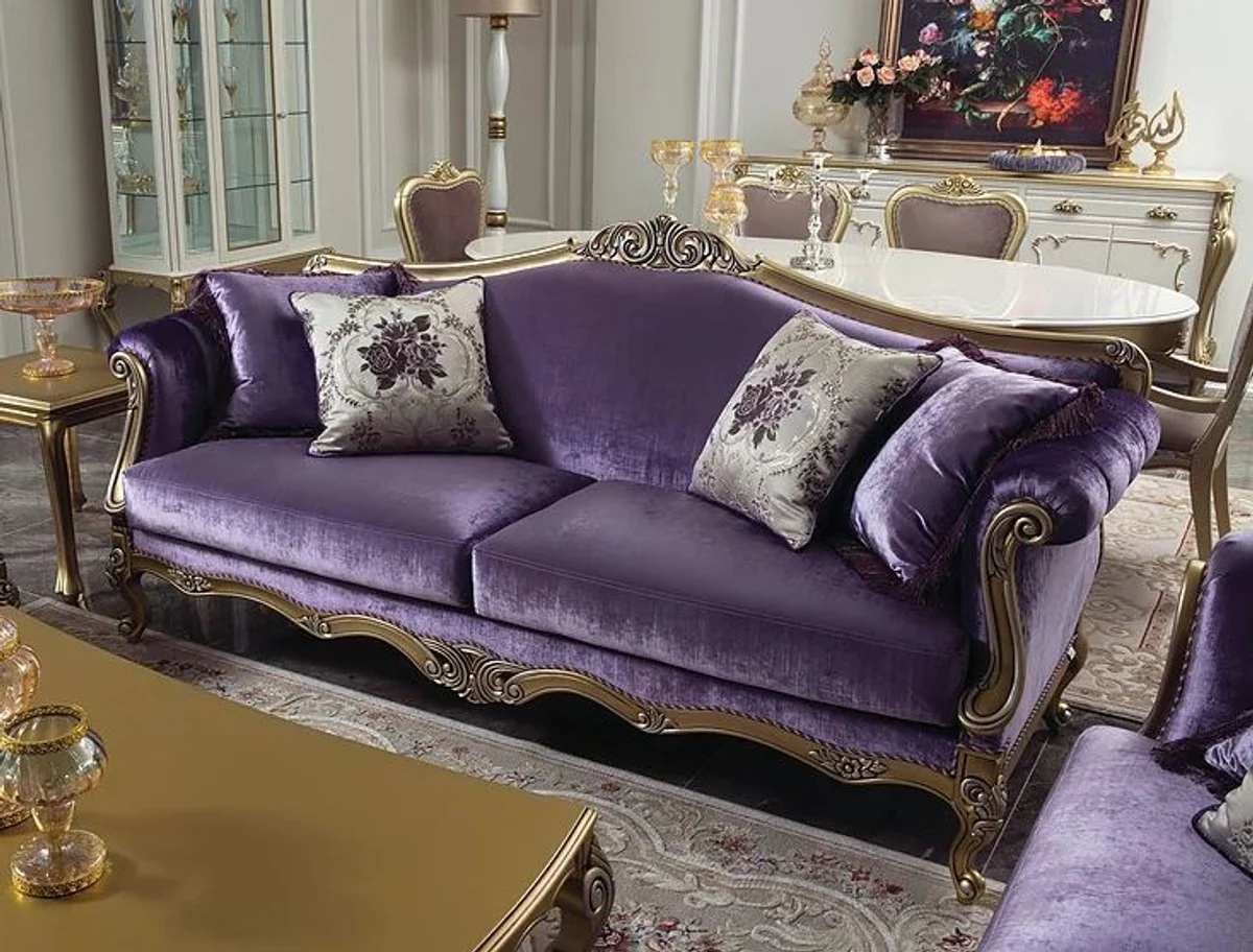 Luxury baroque living room sofa purple / gold / silver 220 x 83 x H. 105 cm - noble solid wood sofa with decorative pillows - living room furniture in baroque style