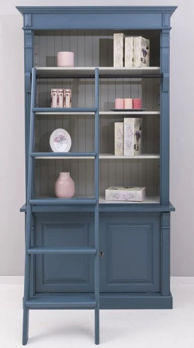 Country house style bookcase with ladder blue / gray 120 x 51 x H. 228 cm - solid wood cabinet - shelf cabinet - living room cabinet - office cabinet - country house style furniture