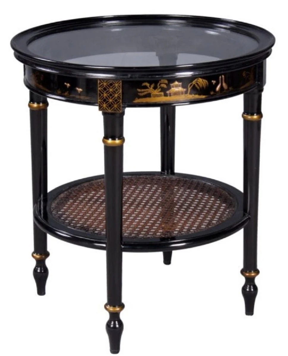 Luxury baroque side table black / gold Ø 48 x H. 53 cm - Round mahogany side table with glass top and Chinese decorations