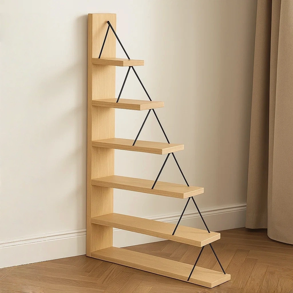 Bücherregal, Leiterform, 6 Ablagen, Holz, helle Holzfarbe, einfache Montage, fürs Wohnzimmer, 50 x 30 x 160 cm - hrW5Otj2UFNV